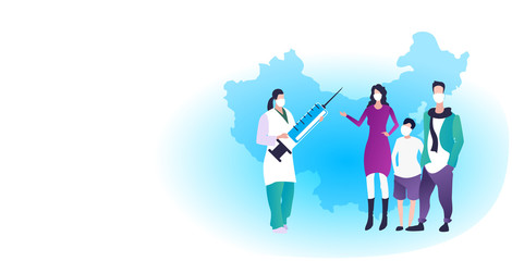 family doctor holding syringe vaccine to prevent epidemic MERS-CoV virus concept wuhan coronavirus 2019-nCoV pandemic medical health risk chinese map background full length horizontal vector