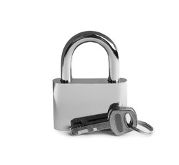 Steel padlock and keys isolated on white. Safety concept