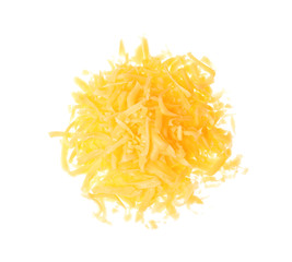 Pile of grated cheese on white background