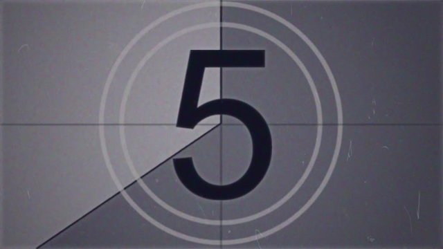 Black and White Universal Countdown Leader. Animation of 16mm film.  Countdown Clock from 8 to 2. Effect of old film rolling with details, scratches, markers and grain. Film Burn dynamic Effect in 4K