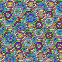 Abstract seamless pattern with chaotic hexagon. Repeated backdrop with colourful elements. Vector illustration. Trendy design with geometric shapes. Stylish print which can be used for cover, card