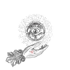 Fortune Teller hand or witch hand with all seeing eye. Mystic and occult symbols. Palmistry concept of spirituality, astrology and esoteric concept. Magic black ink tattoo flash idea. Vector