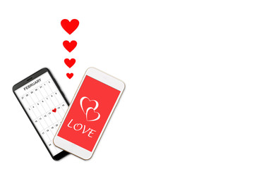 Valentine day concept, love message - hearts flying out smartphone, Isolated on white background