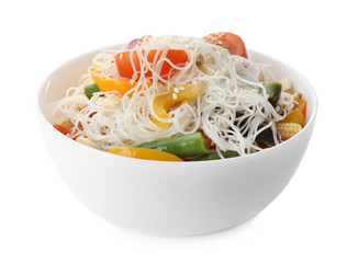 Tasty cooked rice noodles with vegetables isolated on white