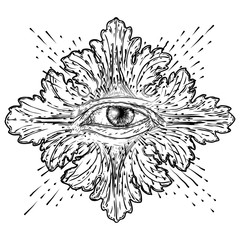 Obraz premium All seeing eye or Eye of Providence on decorative background sacred geometry. Ancient mystical sacral Masonic symbol. Hand drawn alchemy, religion and spiritual occultism. Conspiracy theory vector.