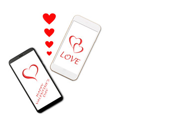 Valentine day concept, love message - hearts flying out smartphone, Isolated on white background