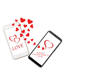 Valentine day concept, love message - hearts flying out of two smartphones, Isolated on white background