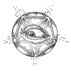Various drawing of the all seeing eye in different direction and emotion. The symbol of the Masons as an option design element. Human vision. Vector.