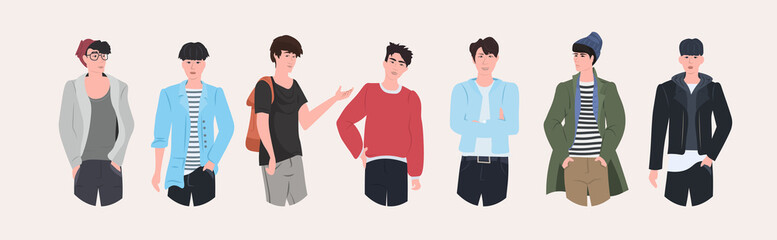 Fototapeta premium beautiful men group standing together attractive guys male cartoon characters in fashion clothes portrait flat horizontal vector illustration