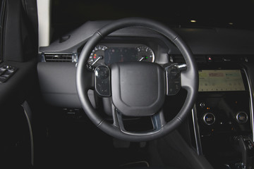 Multifunction steering wheel in leather car interior at night
