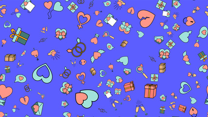 Texture seamless pattern from a set of love items with hearts and gifts for the holiday of love Valentine's Day February 14 or March 8 on a blue background. Vector illustration