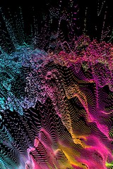 Falling dotted wavy lines abstract space surface on black background. Topography map, fantastic landscape, scientific concept abstract illustration.