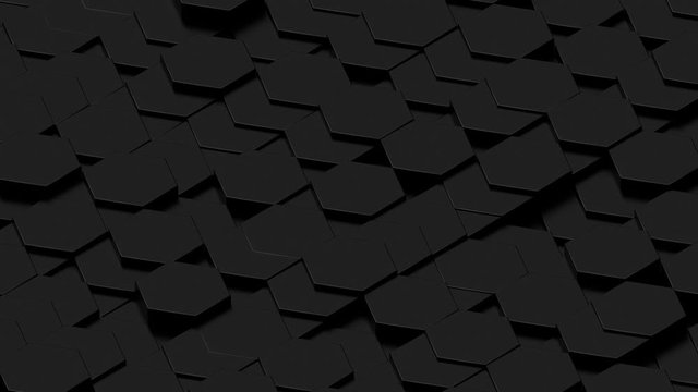 isometric perspective 3d render of dark black abstract hexagon geometric shapes moving chaotically. 4k seamless loop animation. Business presentation background.