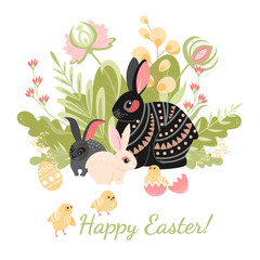 Happy Easter greeting card with cute rabbits, chickens and eggs on a background of flowers and leaves.