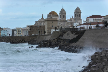 Promenade and Cathedral of Santa Cruz in Cadiz, Spain.
