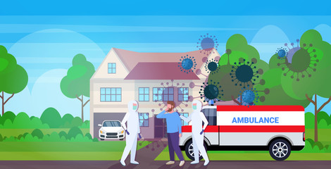 men in hazmat suits moving infected patient into ambulance car coronavirus cells epidemic MERS-CoV virus concept wuhan 2019-nCoV pandemic health risk full length horizontal vector illustration
