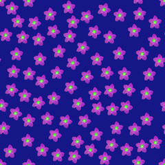 Fototapeta na wymiar Seamless repeat pattern with violet flowers on blue background. drawn fabric, gift wrap, wall art design, wrapping paper, background, fabric print, web page backdrop.