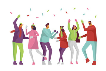 Characters collection. People having fun at winter party. Cartoon vector illustration in flat design style. Young and beautiful boys and girls celebrate, dancing, launch confetti. 