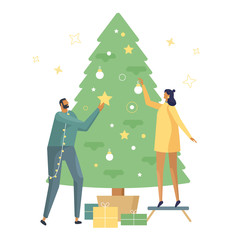 Characters collection. Young beautiful couple decorate Christmas tree with lights, stars, toys. Gifts under christmas tree. Vector illustration in flat design style. Happy new year