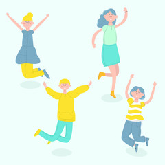 women and men happy jumping illustration. flat design illustration