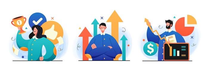 Naklejka premium Business Leadership illustrations. Concept Illustration of a different leaders reachig their goals. Perfect for web design, banner, mobile app, landing page