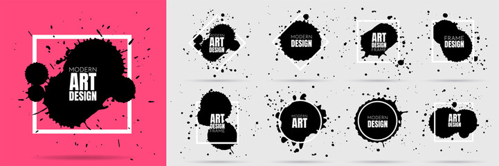 Vector illustration. Set of ink splatters, paint splashes. Dirty artistic geometric shapes, boxes, frames. Element for design invitations, gift card, flyer, social media, cover, poster, website.