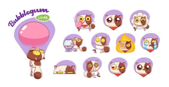 Funny Sweet-tooth cat stickers set. Illustrations for t-shirts, posters, sweatshirts and souvenirs