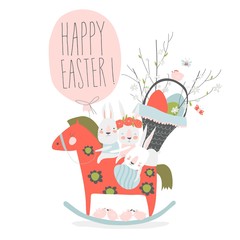 Cute cartoon bunny with Easter eggs and flowers