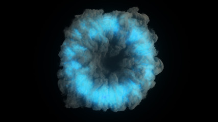 Abstract portal in thick puffs of smoke on an isolated black background. Glowing blue neon light in the smoke. 3d illustration