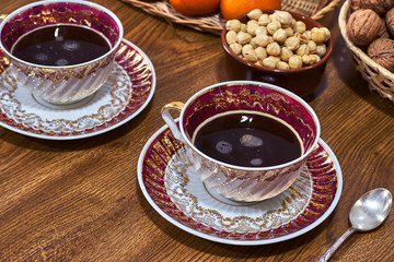 Healthy breakfast based on coffee, fruits and nuts