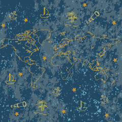 Sailing under the Stars Nautical Pattern inspired by adventures on the seas. Shades of blue and golden yellow theme. World map, stars, boats, ancors and islands...