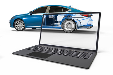3D rendering representing an x-ray of a car with a laptop.