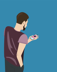 Bearded man with smartphone. A person listens to music on their phone. Isometric illustration