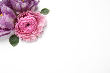 Beautiful floral composition with flowers on white background, flat lay. Space for text