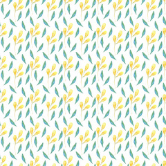 Seamless pattern of watercolor green and yellow leaves on a white background. Use for wedding invitations, birthdays, menus and decorations.