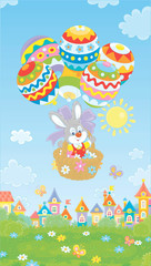 Little Easter bunny flying in its holiday basket with colorfully decorated balloons above a small toy town on a sunny spring day, vector cartoon illustration