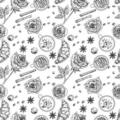 Croissant, coffee, cookies, cinnamon, anise and roses in line art style. Seamless vector bakery pattern.