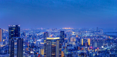 Panorama of Beautiful Osaka city aerial night light view,  Japan