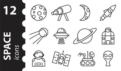 Space icons. A set of fine lines. Galaxy, planet. Vector illustration in flat style.