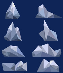 Set of polygonal icebergs on blue background. Floating icebergs on the water. Low poly design. Objects for icons, wallpaper, logo.