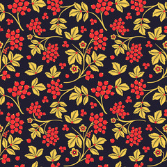 Vector seamless pattern of flowers and berries. Russian traditional Khokhloma painting. Pattern made without using clipping mask