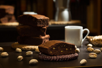 Handmade chocolate brownie with pistachios