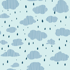 Seamless vector pattern with cute clouds and raindrops. Creative scandinavian kids texture for wrapping paper, fabric, textile.