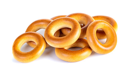 Small dry bagels, small rolls on a white background