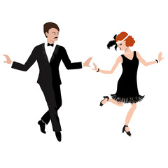Obraz premium Vector Illustration of dancing couple in the style of the 1920s in charleston dance pose. Beautiful young lady and elegant gentleman. Characters in flat style on a white background