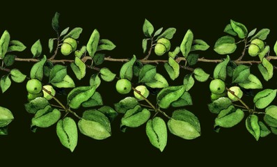 Obraz premium pattern tree apple tree leaves branches apples horizontal repeating dark background
