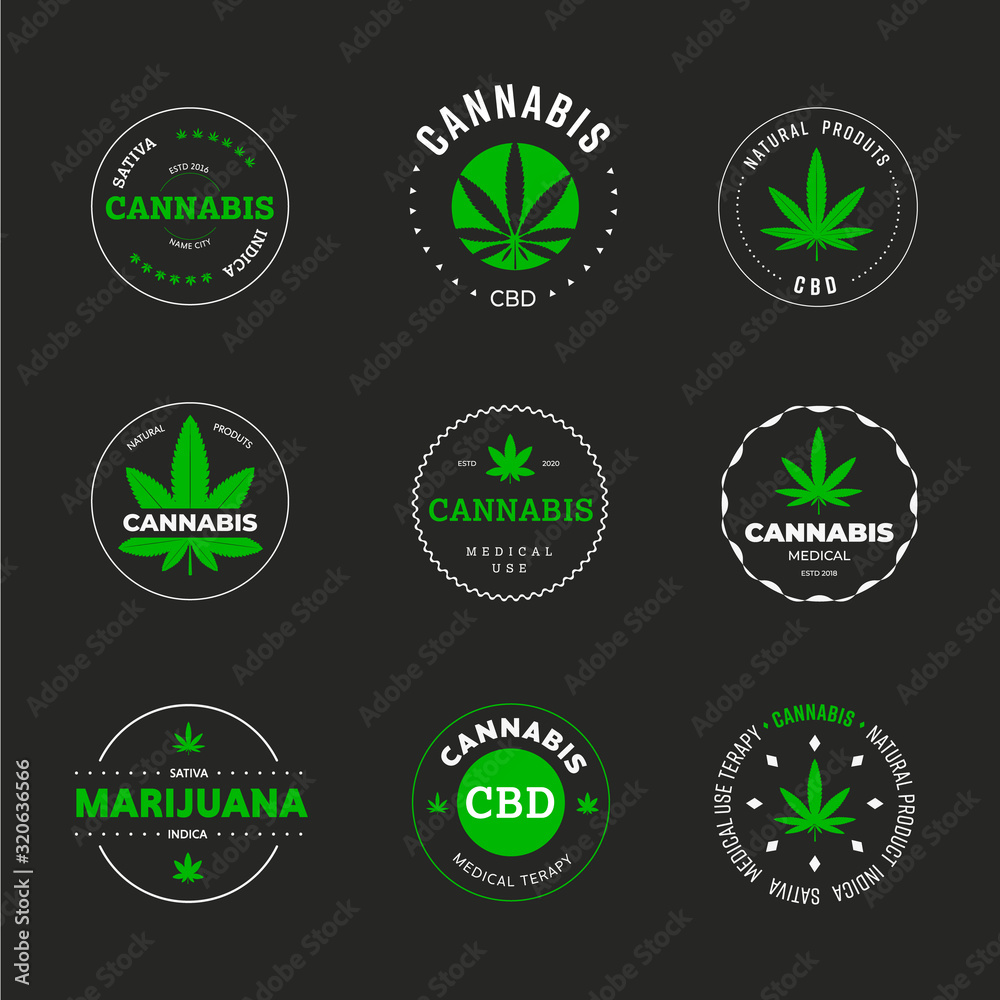 Poster vector label design with marijuana leaf. template of icons and emblems of medical green indica and s