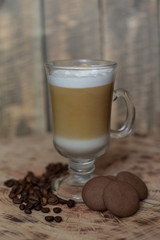  Latte coffee in a glass. Cappuccino. Latte. Coffee with milk. Coffee with milk foam