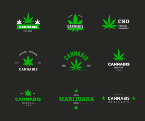 Vector logo template with organic cannabis sbd and thc. Graphic label with a leaf of marijuana.