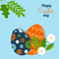 Happy Easter day. Cartoon eggs on sky blue background. Floral elements and text. Beautiful vector illustration in origami style. Paper cut shapes. Design for cards, brochures, banners. Stock.